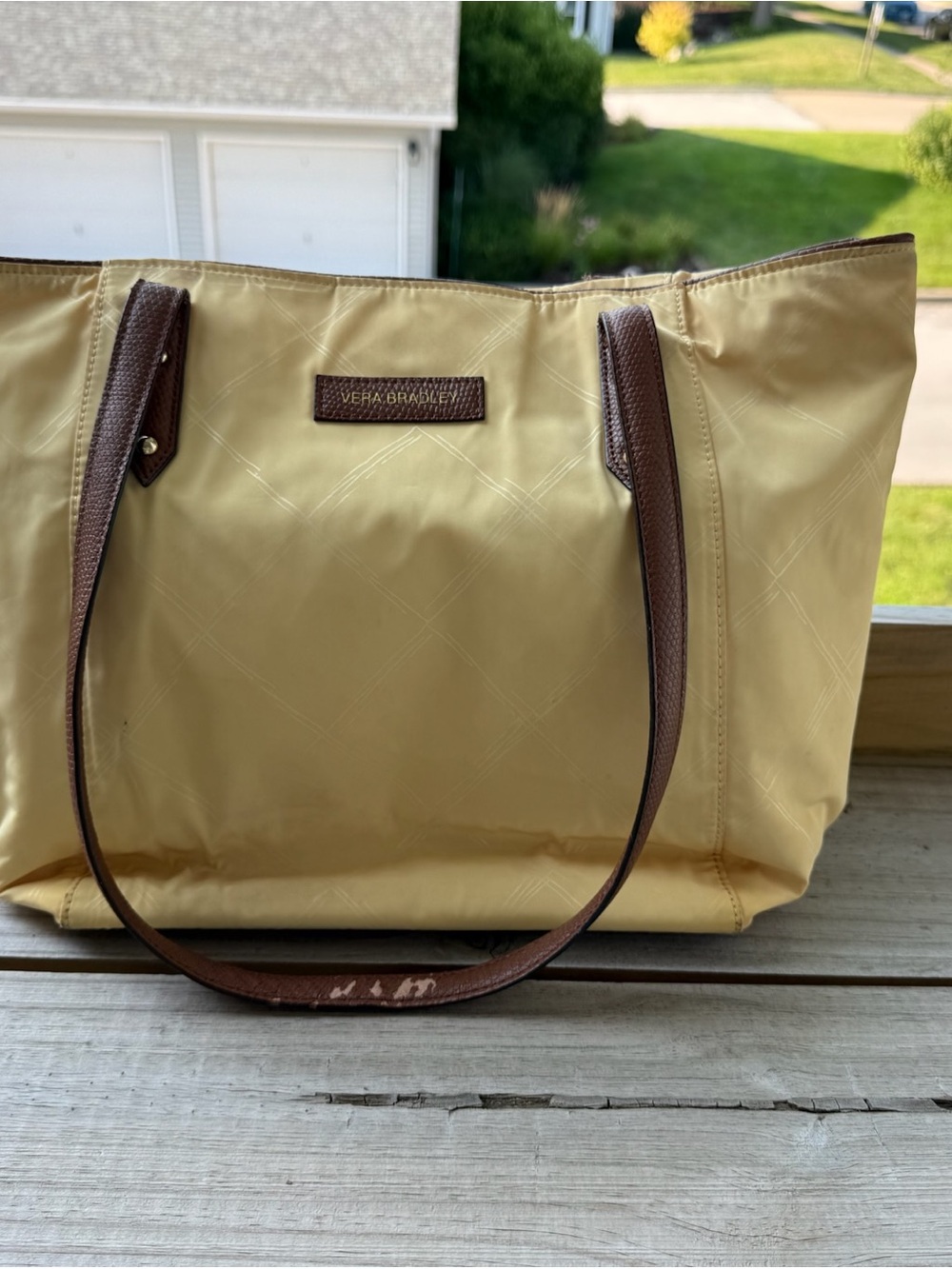 Vera Bradley Pale Yellow Tote with Brown Leather Trim